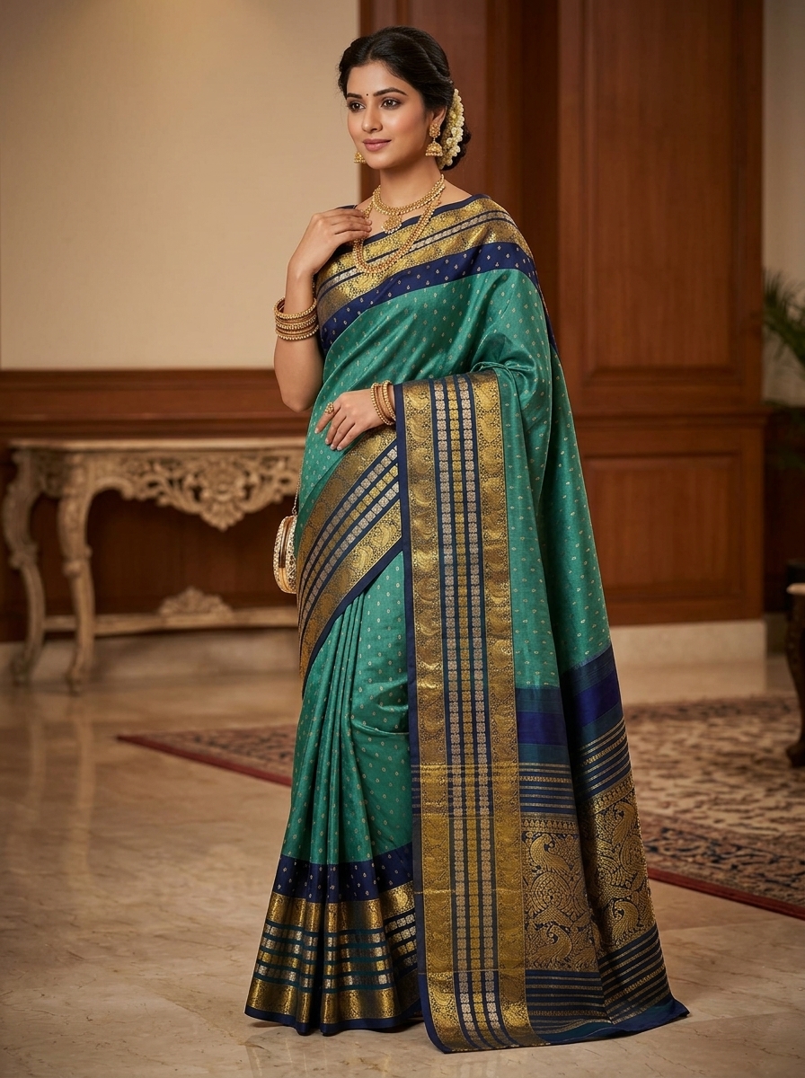 Rama Green & Blue Silk Saree